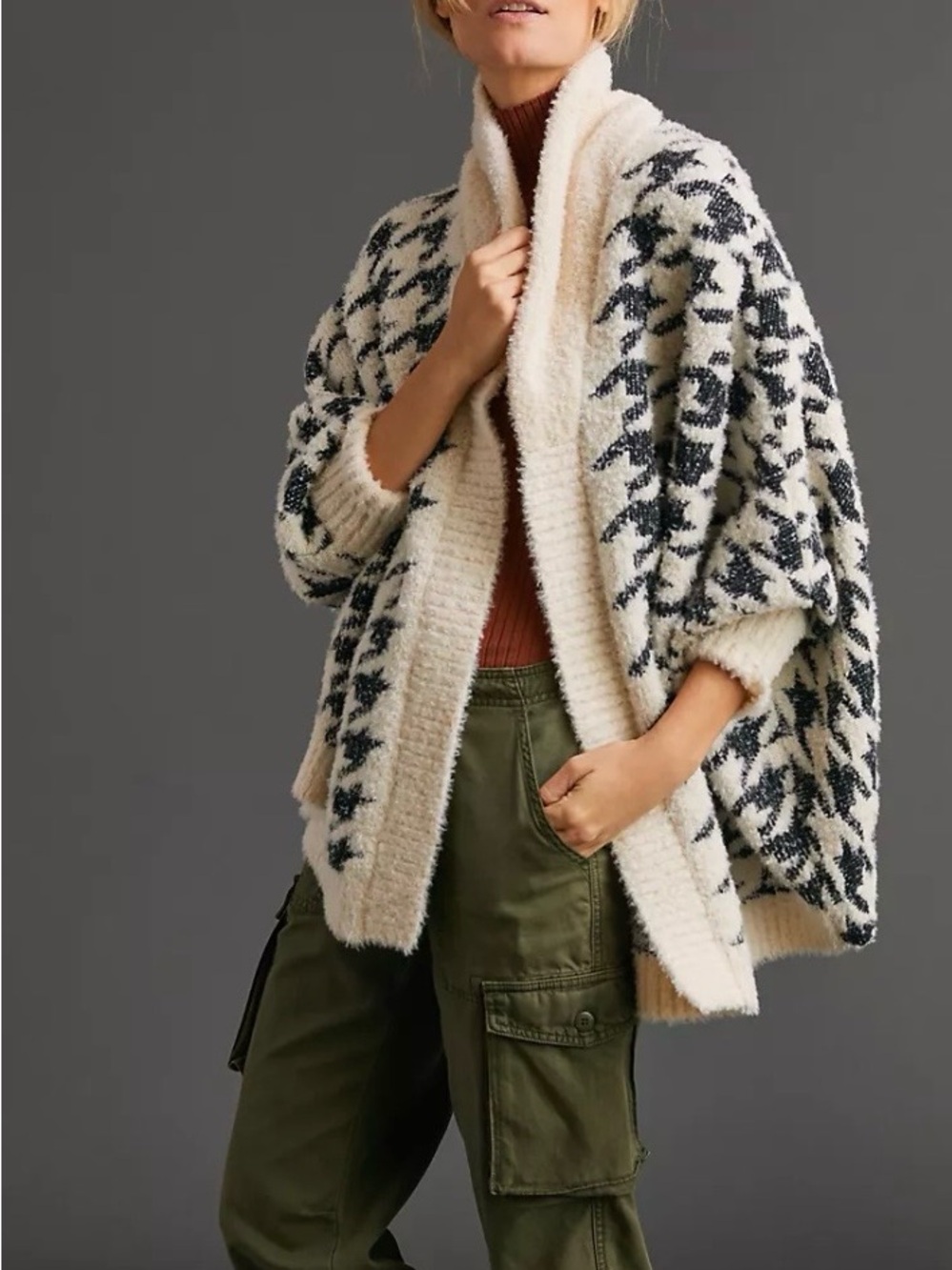 Anthropologie Cream and Black Floral Knit Open-Front Cardigan one size